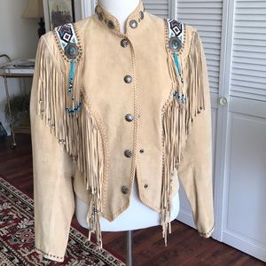 Western suede fringe jacket w/beading